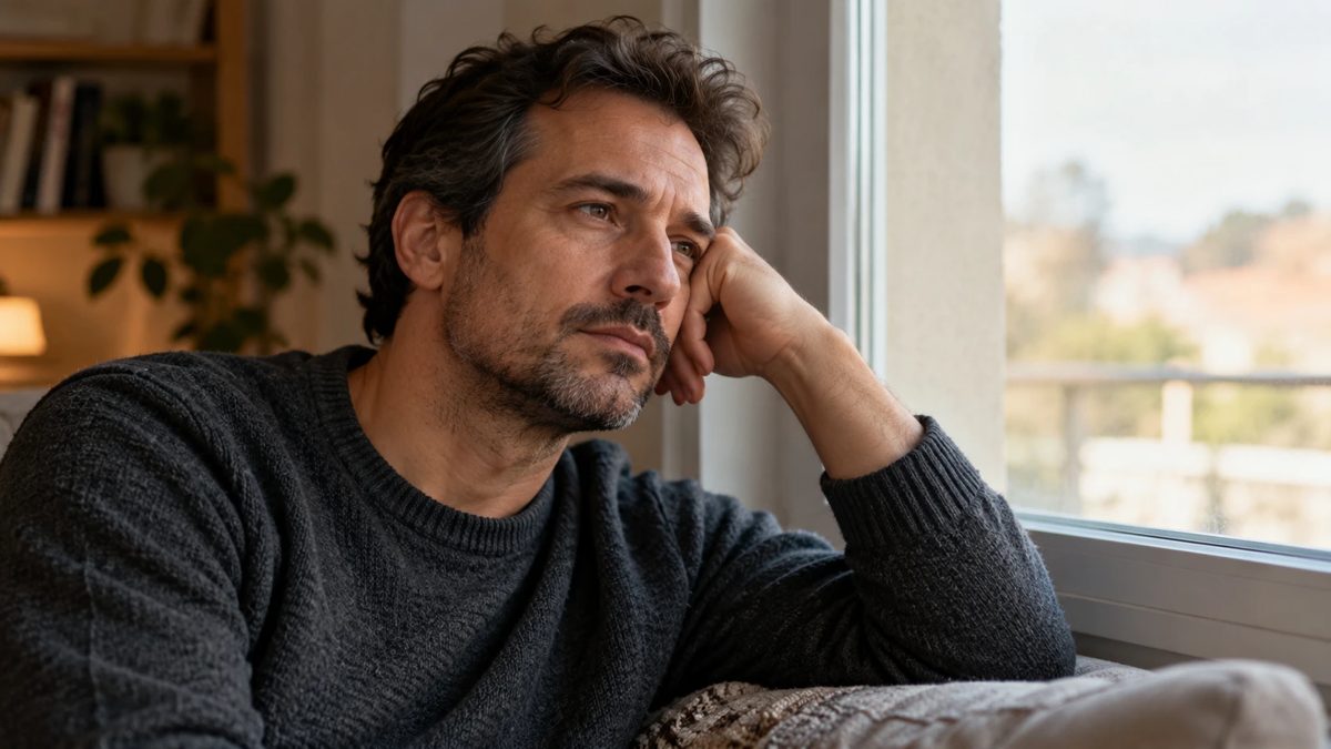 Homem adulto pensativo olhando pela janela, ilustrando a depressão que não melhora