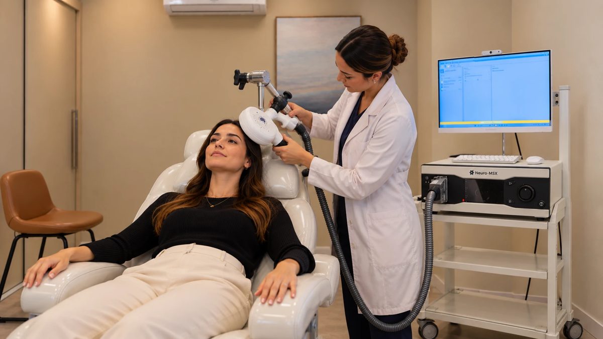 Paciente acordada e recostada na poltrona durante sessão de estimulação magnética transcraniana, com a profissional posicionando a bobina ao lado do aparelho Neuro-MSX