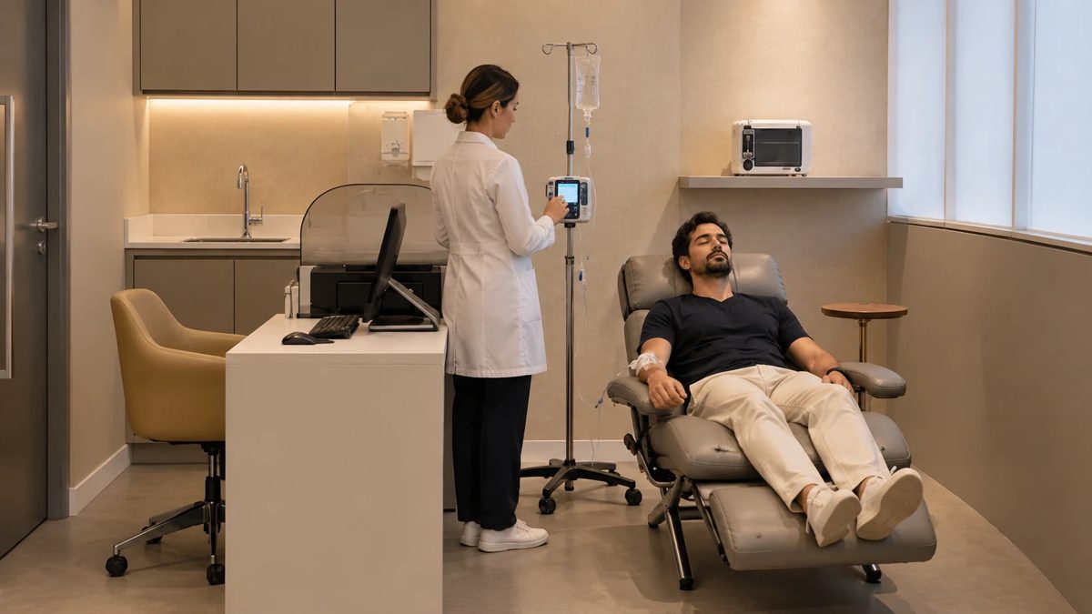 Paciente recostado na poltrona da sala de infusão, com acesso venoso, enquanto a profissional de saúde acompanha a bomba de infusão