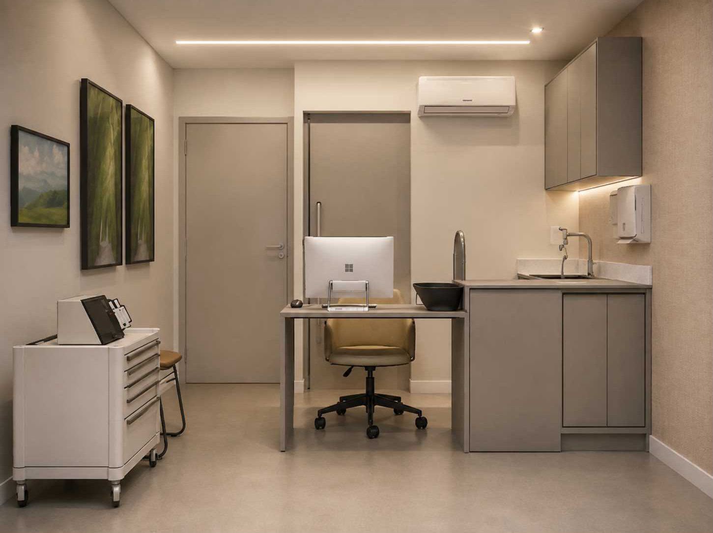 Projeto da sala de infusão com bancada, pia e carrinho de emergência