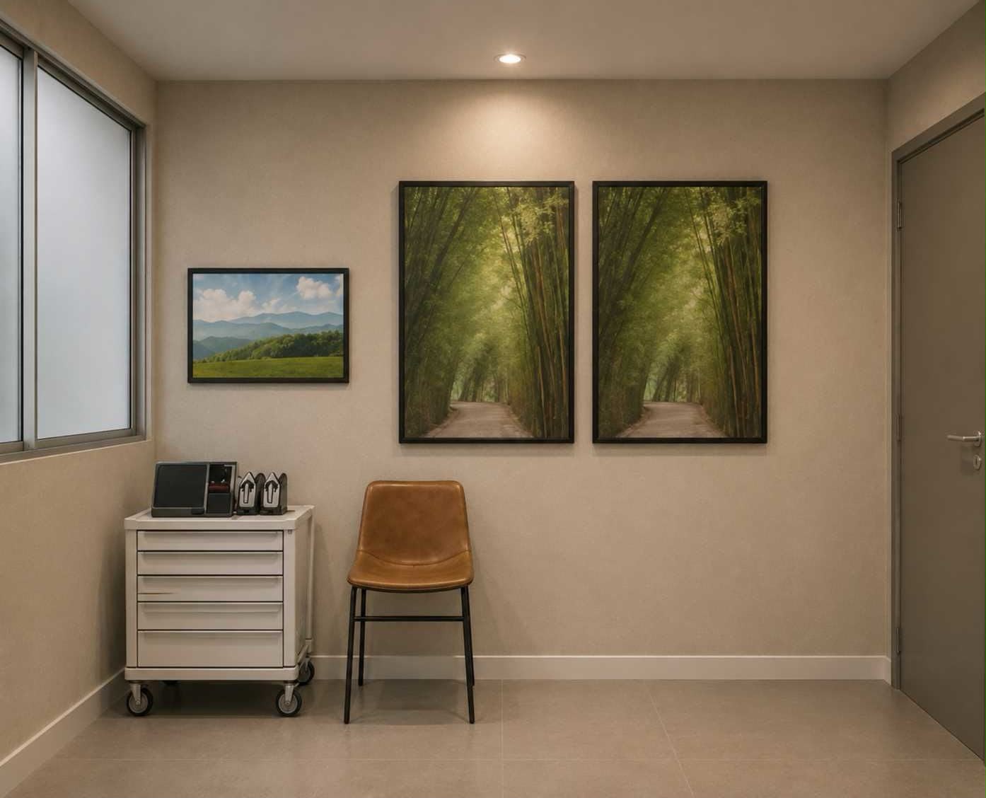 Projeto da sala de infusão com quadros de natureza e iluminação suave